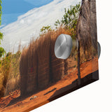 Large abstract wall art featuring a mid-century modernist African scenery in vibrant earth tones on acrylic glass.