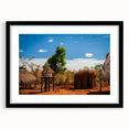 Extra large abstract art print of vibrant African scenery on textured canvas, framed in black, ideal for living room decor.