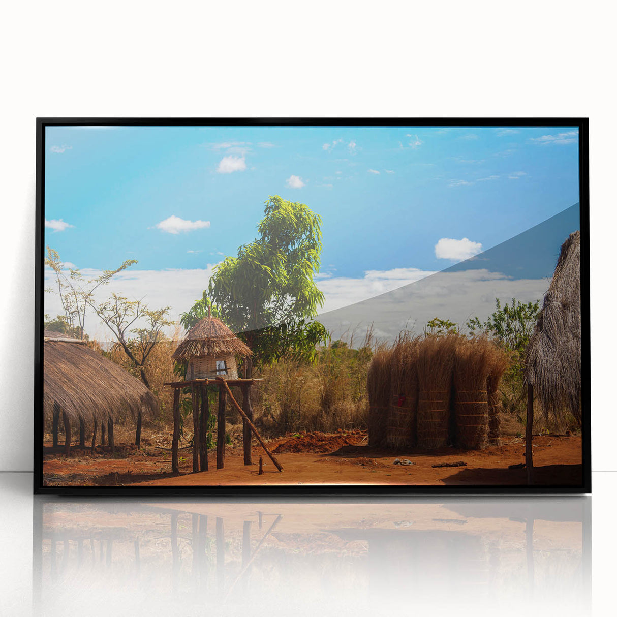 Large abstract wall art depicting a Zambia scenery in black and white tones on a framed acrylic.