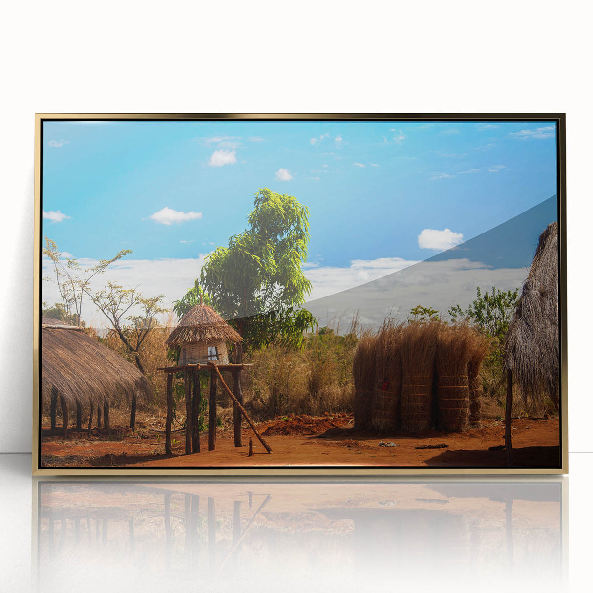 Large acrylic print of a Zambian landscape in mid-century modernist style, featuring muted earth tones.