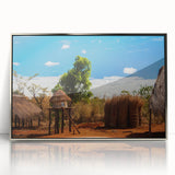 Mid-century modernist art depicting Zambia scenery in muted earth tones on a silver-framed acrylic print.