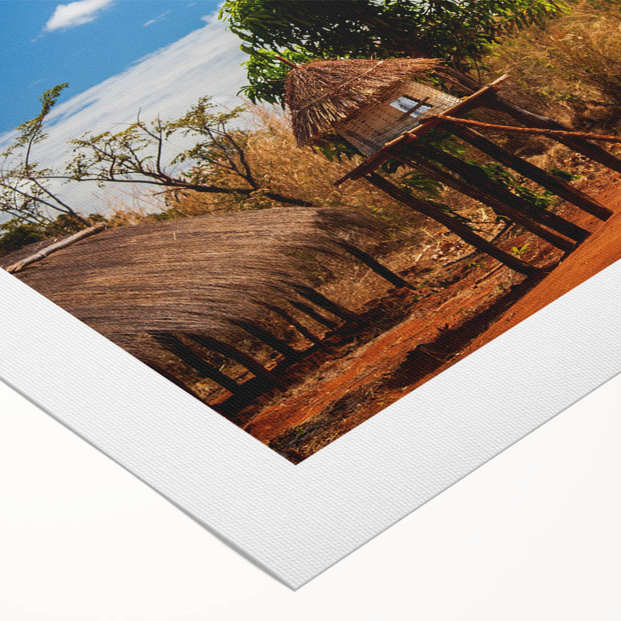 Art deco poster of a Zambian landscape on rolled canvas, featuring earthy tones, ideal for dining room wall art.