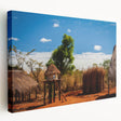 African savannah scene with elephants and acacia trees on a large stretched canvas, in warm earthy tones.