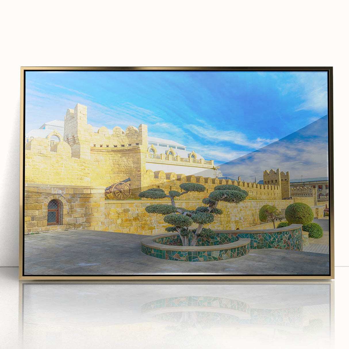 Large acrylic print of a mid-century modernist Asian landscape in gold and green tones, ideal for modern art wall decor.