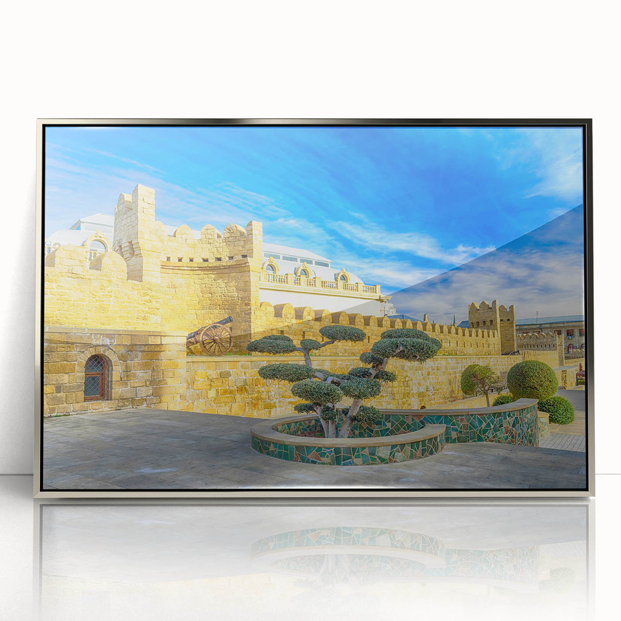 Mid-century modernist art depicting an Asian landscape in muted earth tones on a silver-framed acrylic print.