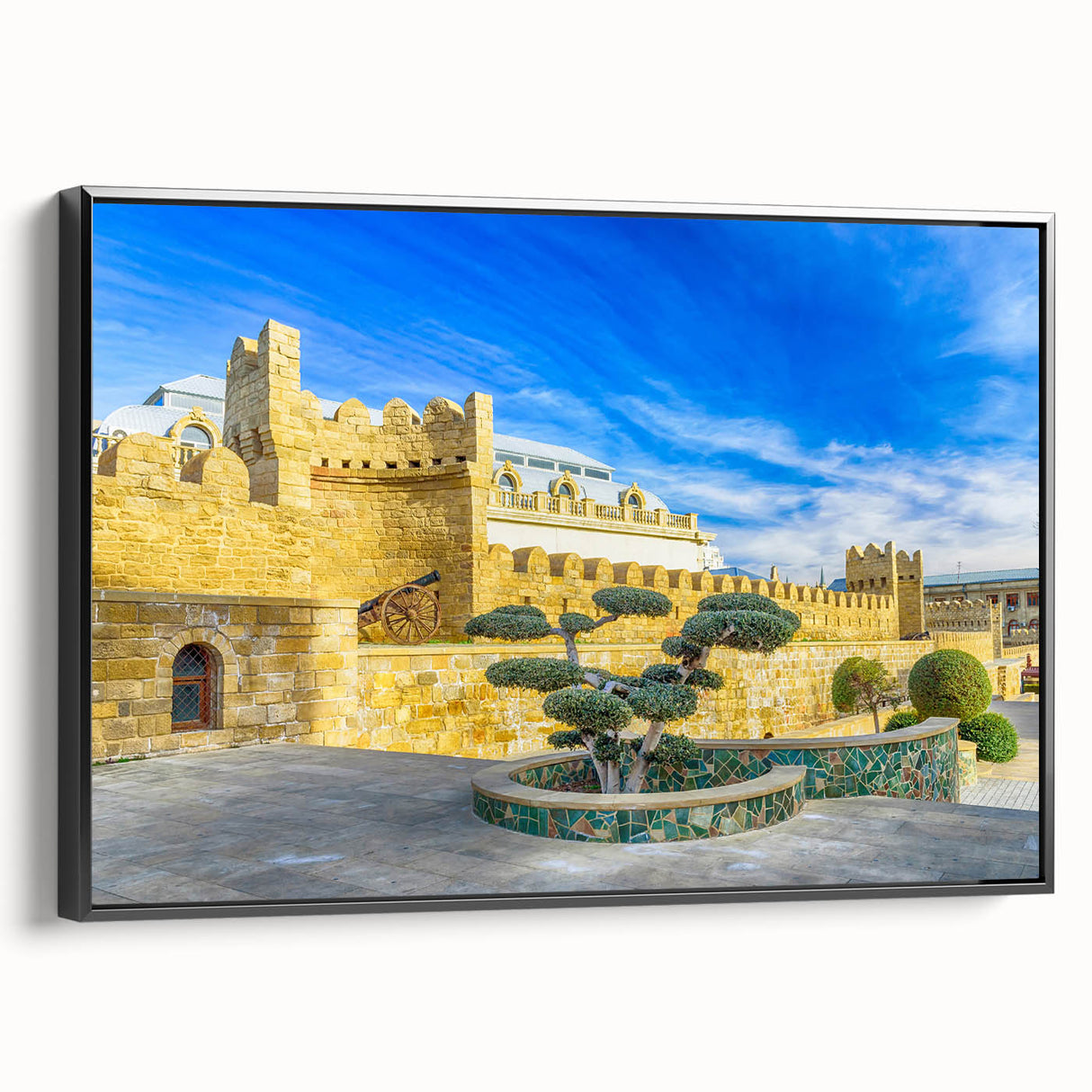 Black and white landscape art painting of Azerbaijan scenery on a framed canvas, ideal for bedroom decor.