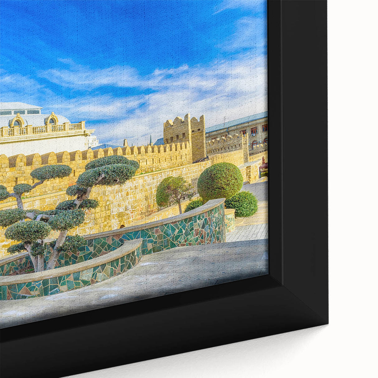 Extra large framed canvas featuring a textured, colorful depiction of an Asian landscape, ideal for living room decor.
