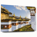 Large abstract wall art of Bhutan scenery in vibrant colors on acrylic glass, ideal for bedroom or dining room decor.
