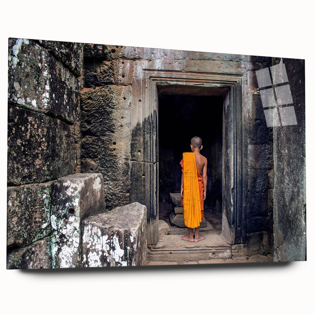 Large abstract depiction of a Cambodian landscape in muted earth tones on acrylic glass.