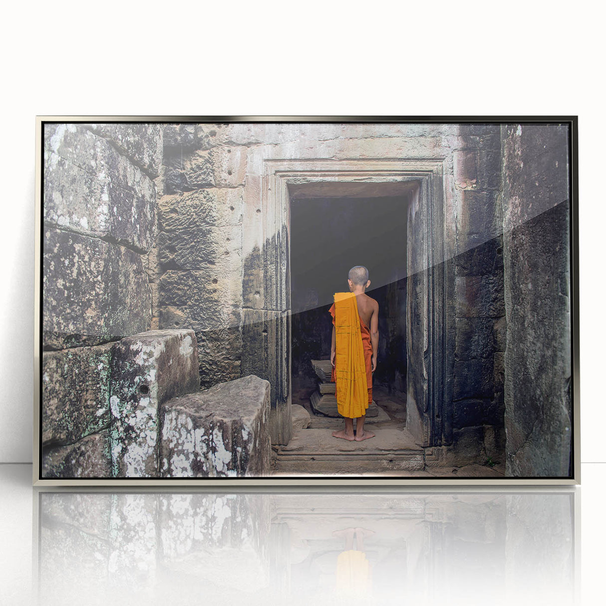 Framed acrylic print of a Cambodian landscape in muted earth tones, ideal for nursery wall art.