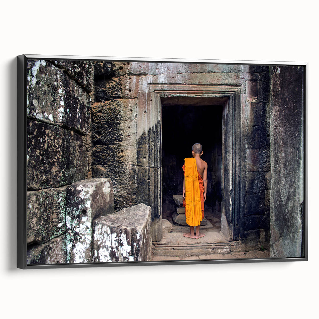 Black and white wall art featuring a Cambodian landscape on framed canvas, suitable for bedroom décor.