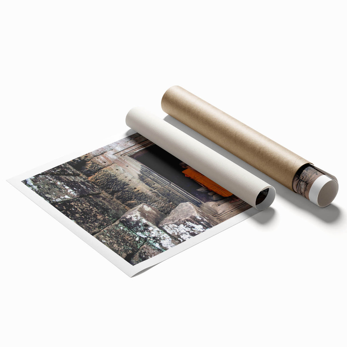 Extra large rolled print of a Cambodian scenery with lush floral elements in vibrant green and blue.