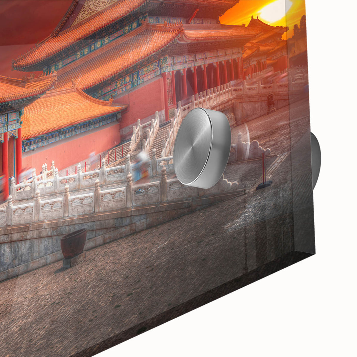Mid-century modernist art of Beijing skyline in muted gray tones on large acrylic glass, ideal for dining room art.