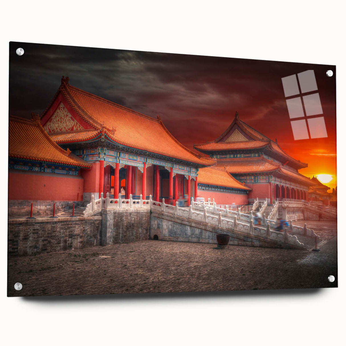 Acrylic glass print of a large abstract depiction of Beijing skyline in muted earth tones.