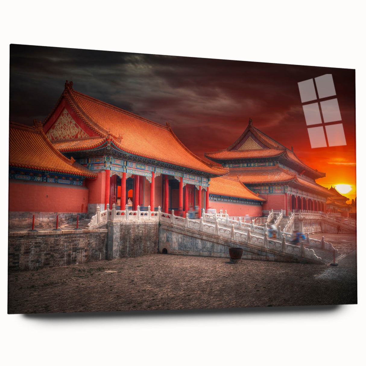 Large abstract depiction of Beijing skyline in muted gray tones on acrylic glass, ideal for bedroom or dining room art.