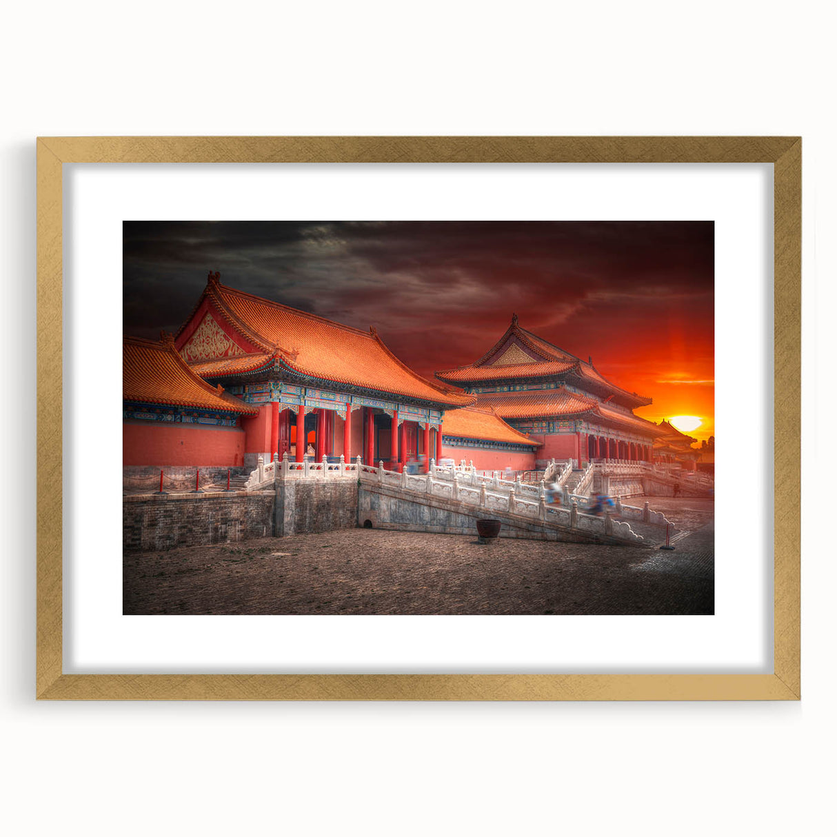 Extra large abstract art print of a textured Beijing skyline in muted gold tones on a framed canvas.