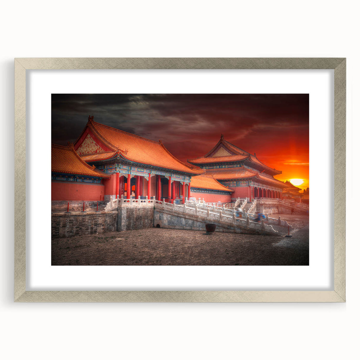 Textured abstract art print of Beijing scenery in muted earth tones on a framed canvas, ideal for bedroom art.
