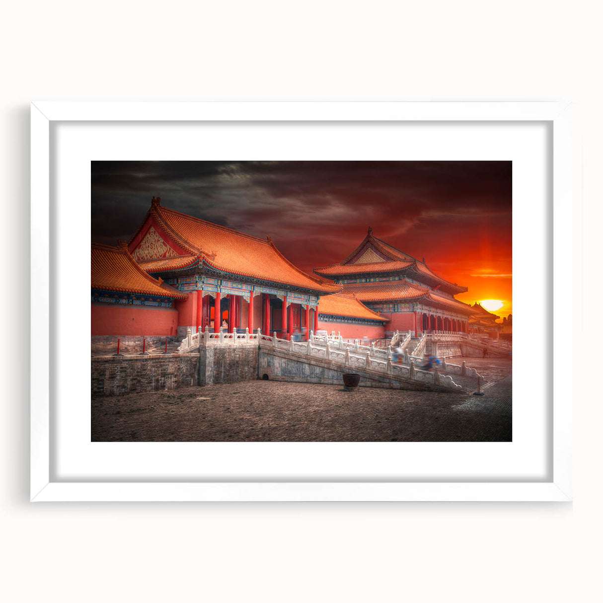Abstract art print of Beijing scenery in muted earth tones on a framed white mat, ideal for dining room decor.