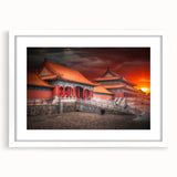 Abstract art print of Beijing scenery in muted earth tones on a framed white mat, ideal for dining room decor.