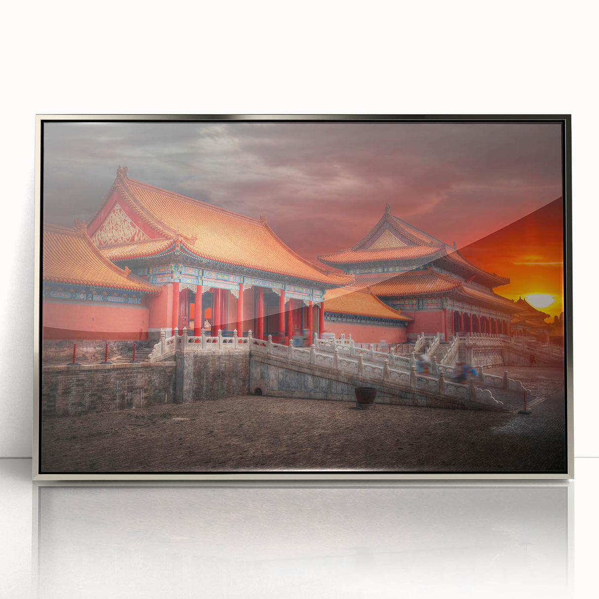 Mid-century modernist art depicting the Beijing skyline in muted silver tones on a framed acrylic print.