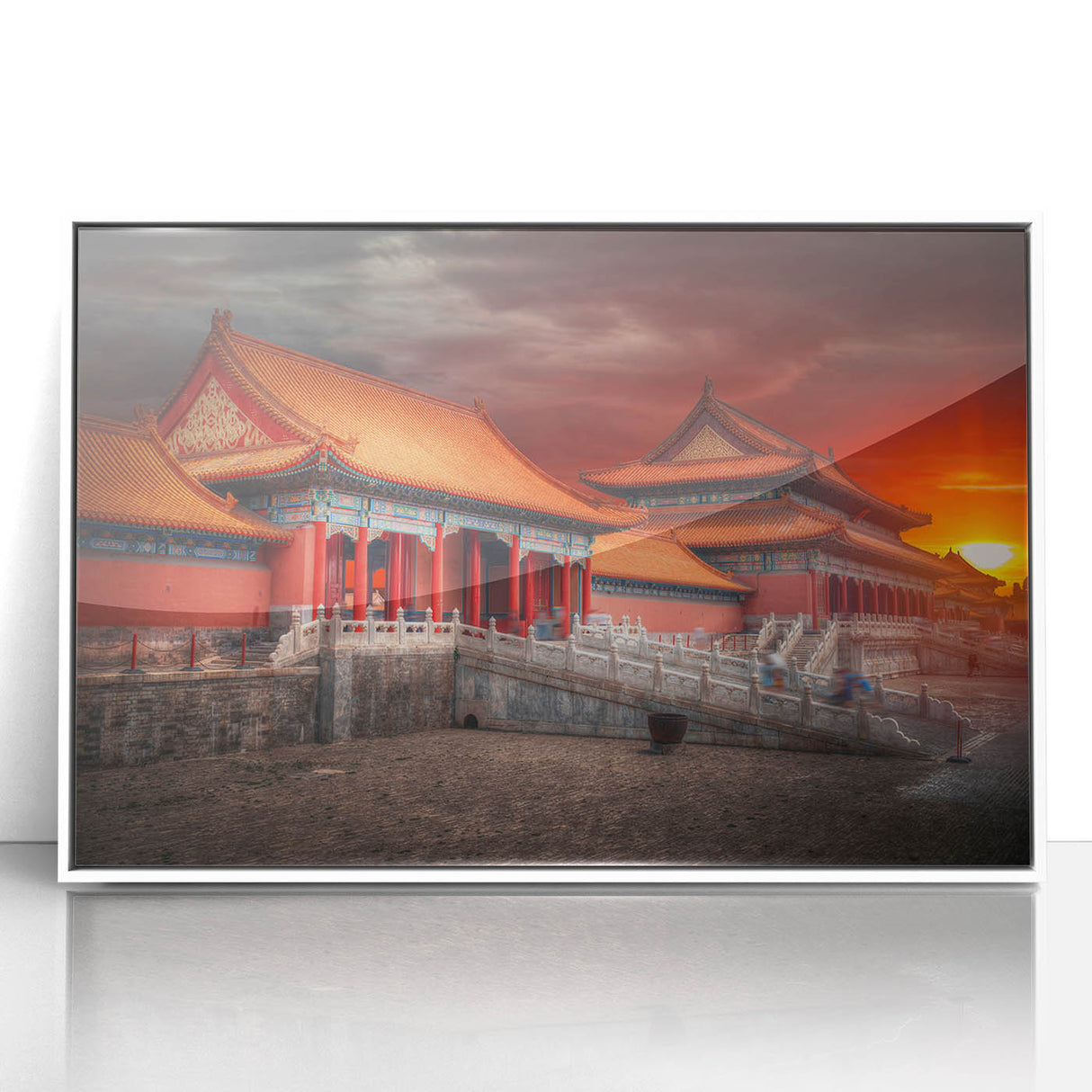 Acrylic print of Beijing scenery in art deco style with muted gray and white tones, ideal for modern nursery wall art.