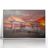 Acrylic print of Beijing scenery in art deco style with muted gray and white tones, ideal for modern nursery wall art.