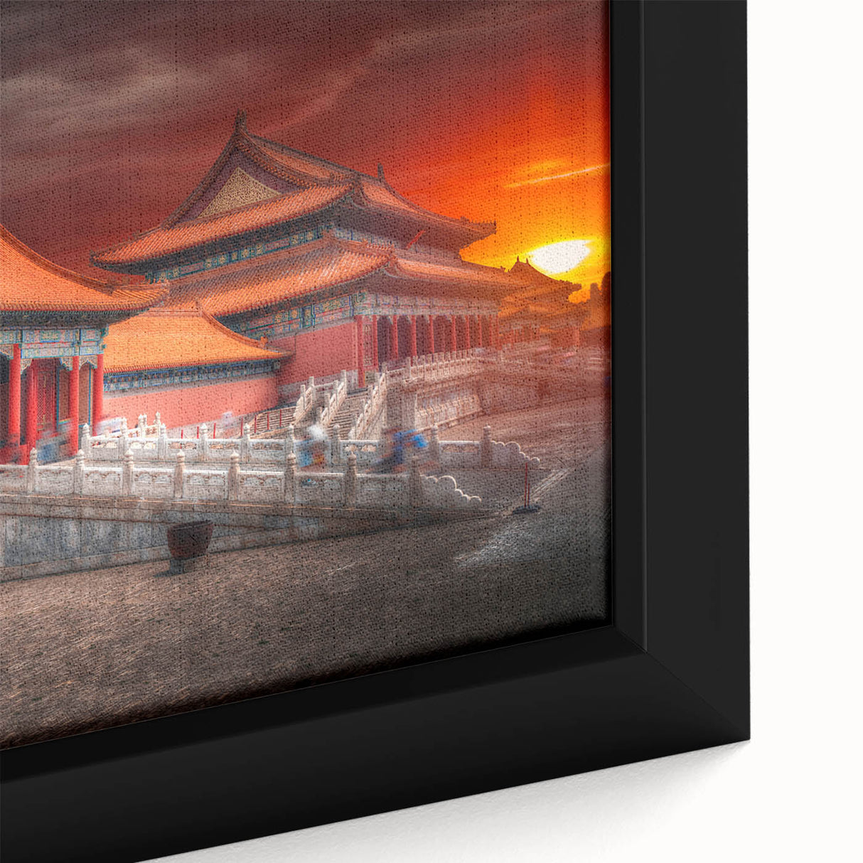 Extra large framed canvas featuring a textured depiction of the Beijing skyline in black with colorful accents.