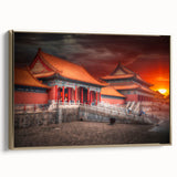 Framed canvas featuring a vintage-style landscape painting of Beijing in black and gold tones, ideal for bedroom decor.