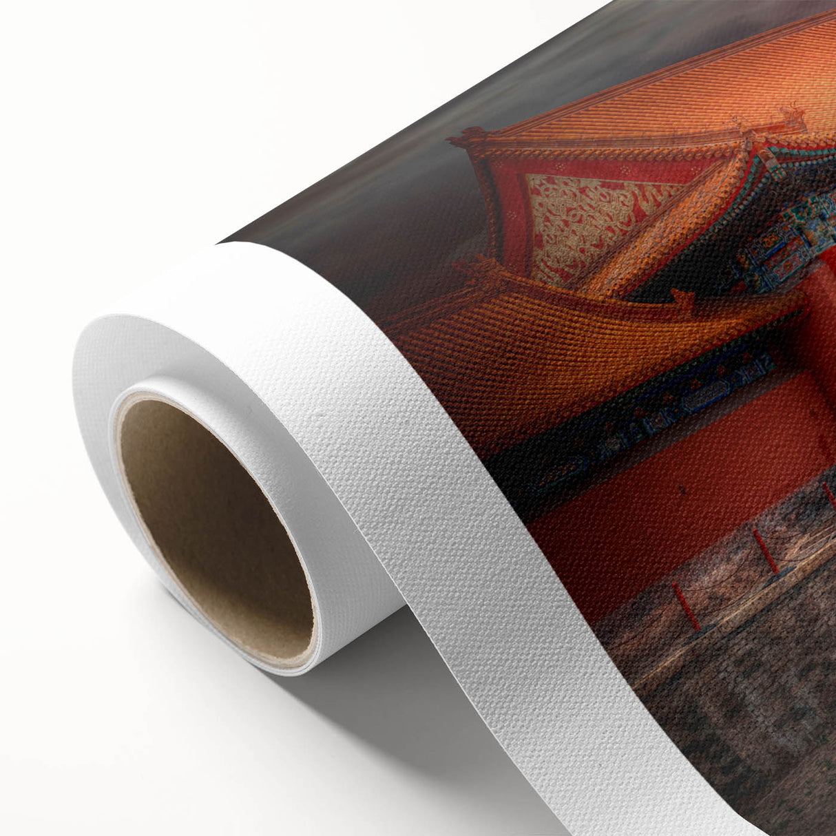 Art Deco style poster of Beijing scenery on rolled canvas, featuring muted earth tones, ideal for nursery wall art.