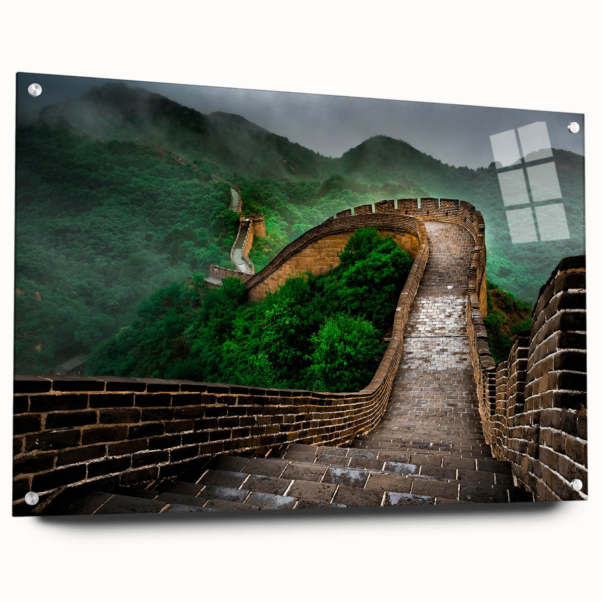 Acrylic print of the Great Wall of China in muted earth tones, ideal for dining room decor.