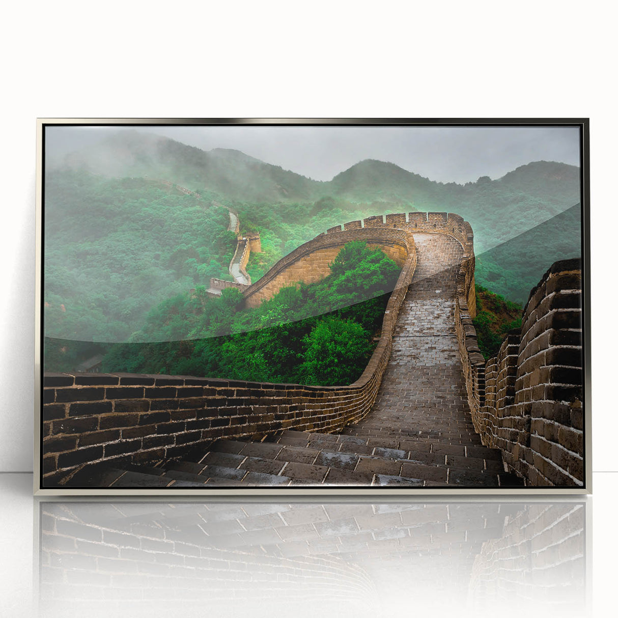 Mid-century modernist art featuring the Great Wall of China in muted earth tones on a framed acrylic print.