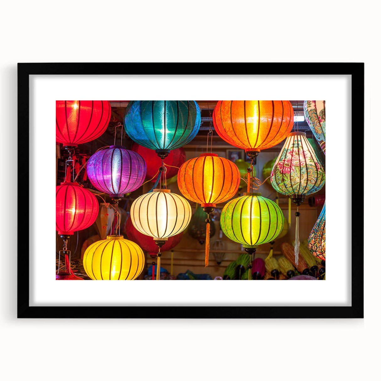 Abstract art print of Shanghai skyline in vibrant colors on textured canvas, framed in black; ideal for living room decor.