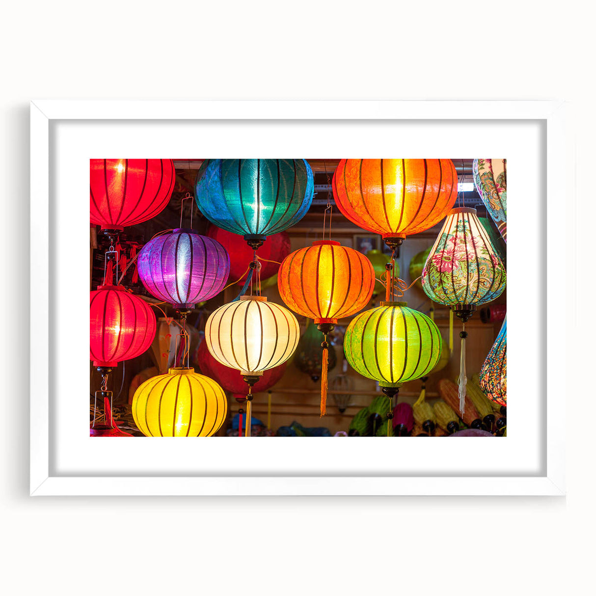 Abstract art print of Shanghai skyline in muted gray and blue tones on a framed white mat, ideal for dining room decor.