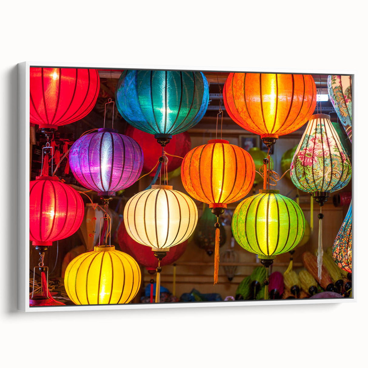 Vintage poster art of Shanghai skyline in vibrant colors on extra large framed canvas, ideal for living room decor.