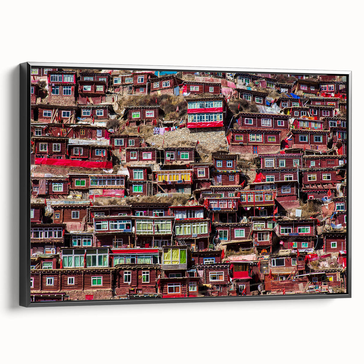 Black and white wall art featuring a vintage poster-style landscape of Tibet on framed canvas, suited for bedroom decor.