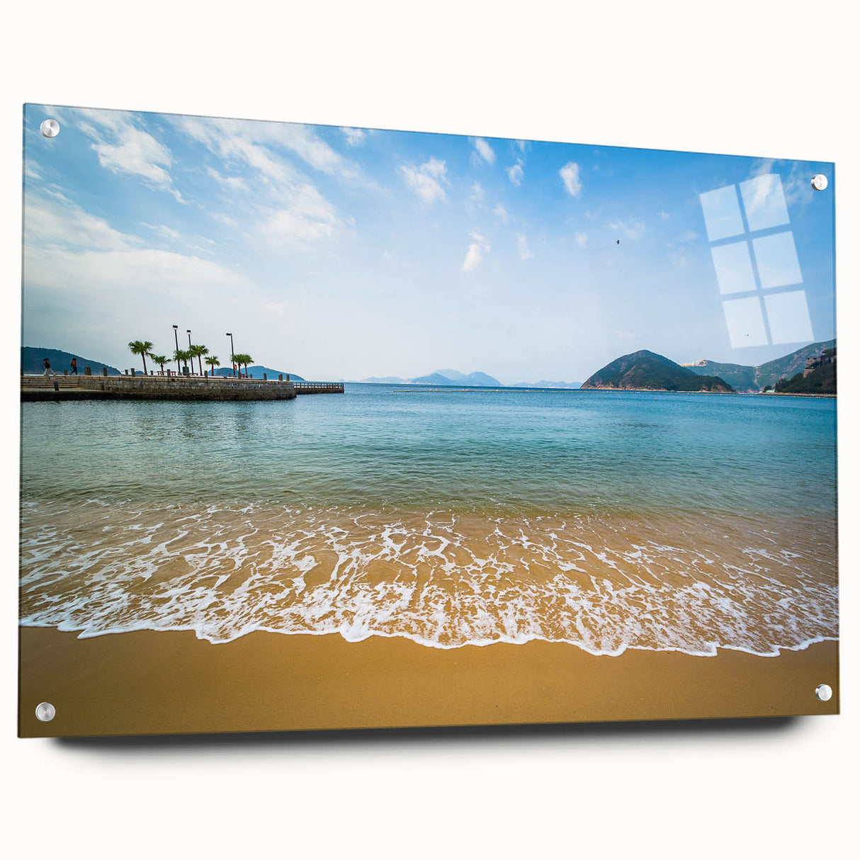 Hong Kong cityscape in muted gray and blue tones on acrylic glass, suitable for dining room art.