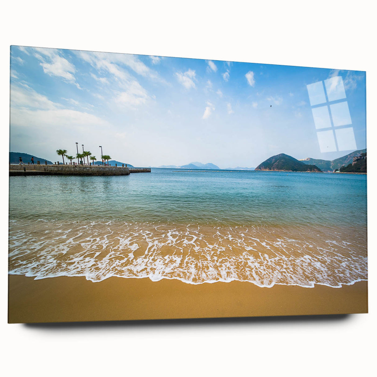 Acrylic print of Hong Kong skyline in muted gray and blue tones, suitable for bedroom or dining room art.