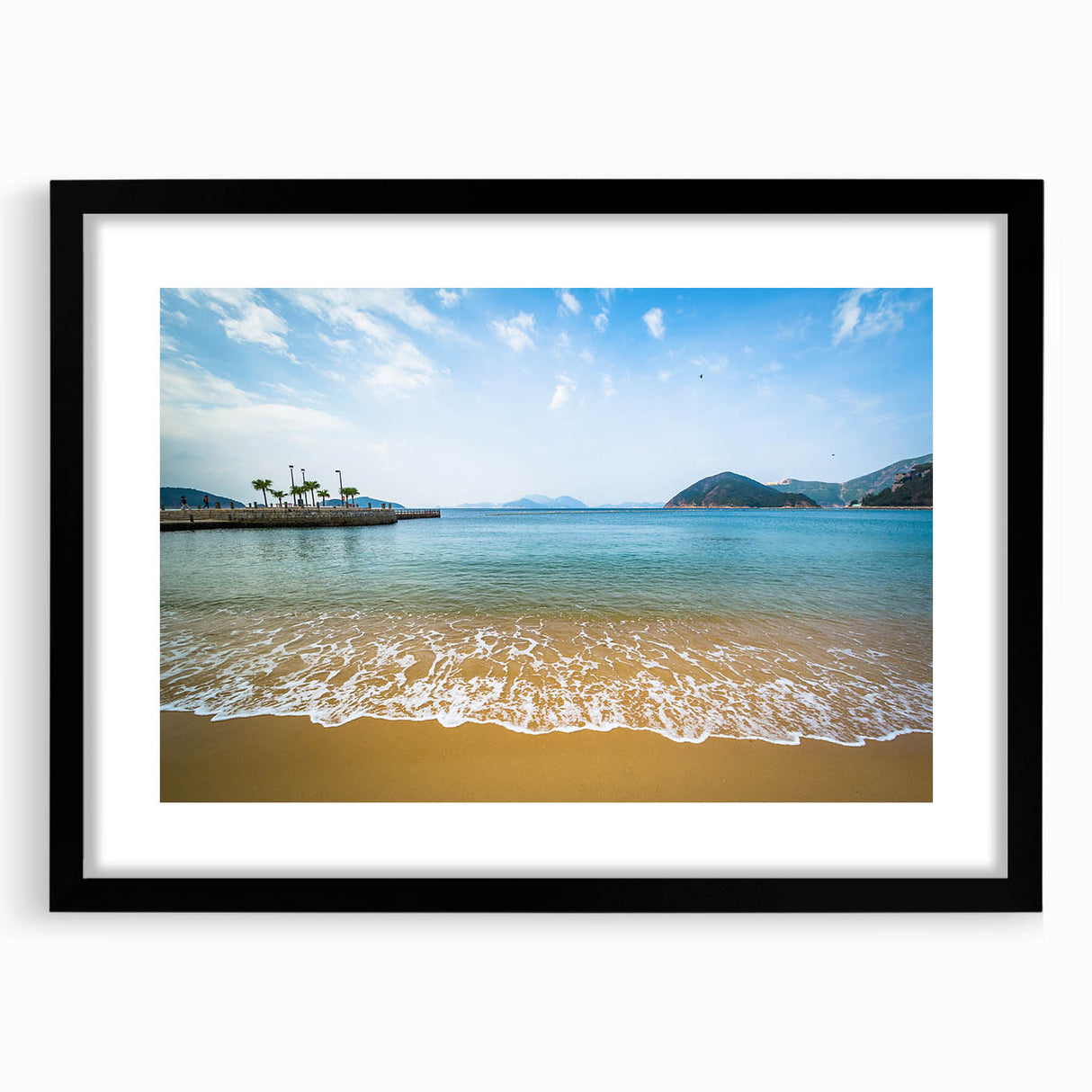 Extra large, textured abstract art print of vibrant Hong Kong scenery on a framed black mat, ideal for living room decor.