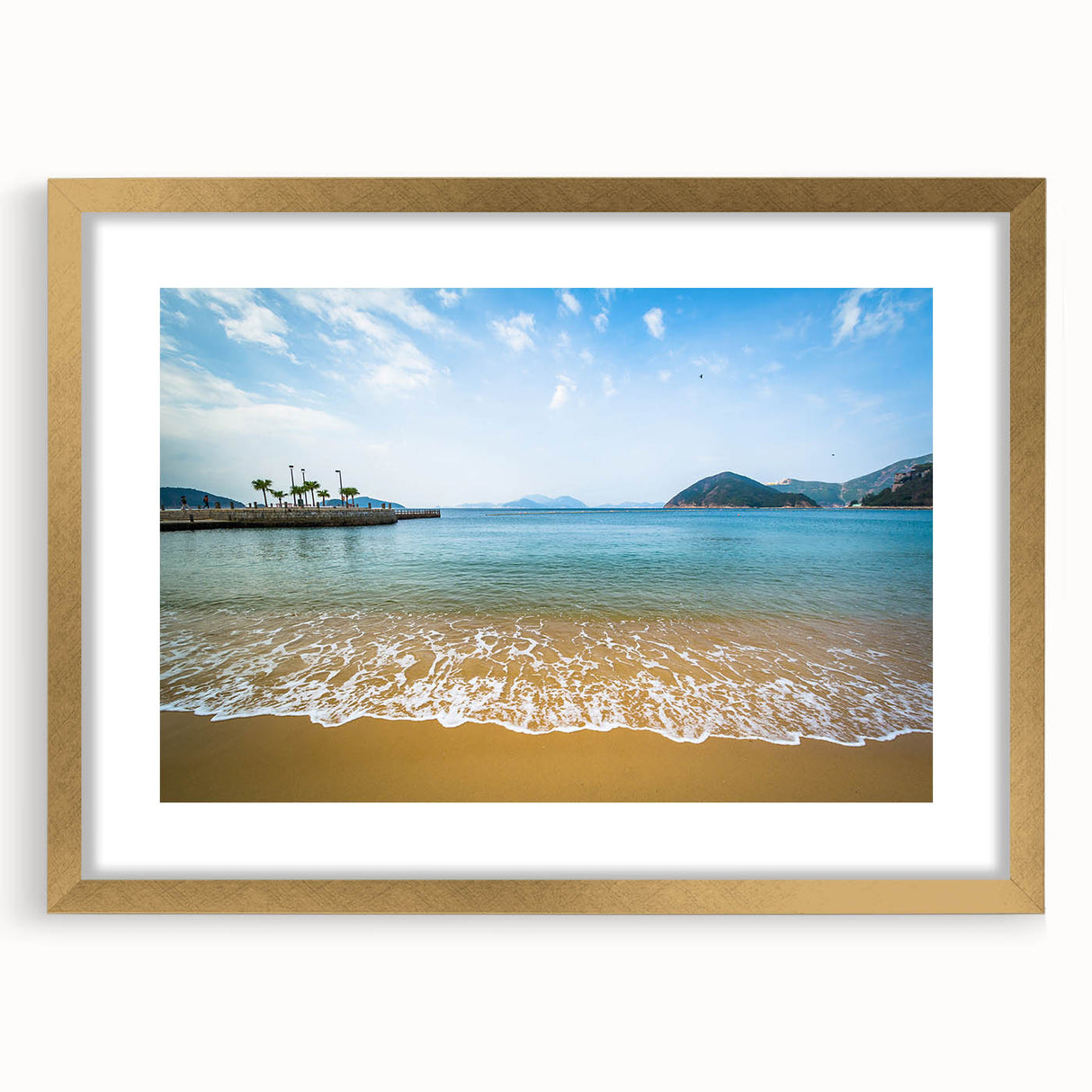 Extra large abstract art print of Hong Kong scenery in gold frame, featuring textured blue and gray tones.