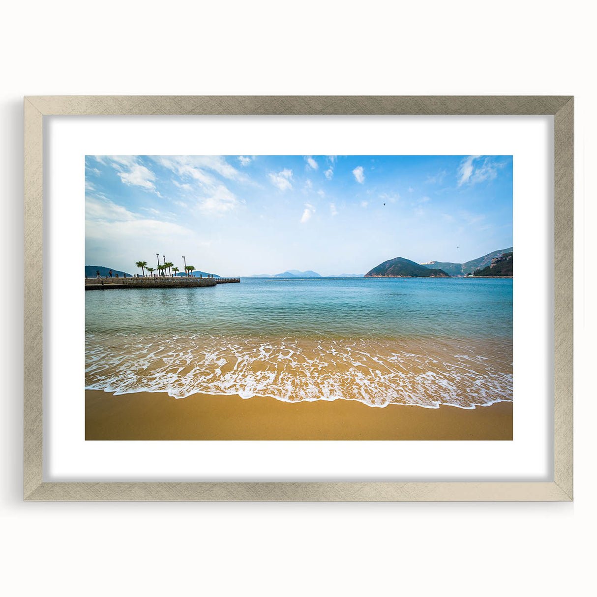 Textured abstract art print of Hong Kong skyline in muted gray and blue tones, framed with a silver mat.