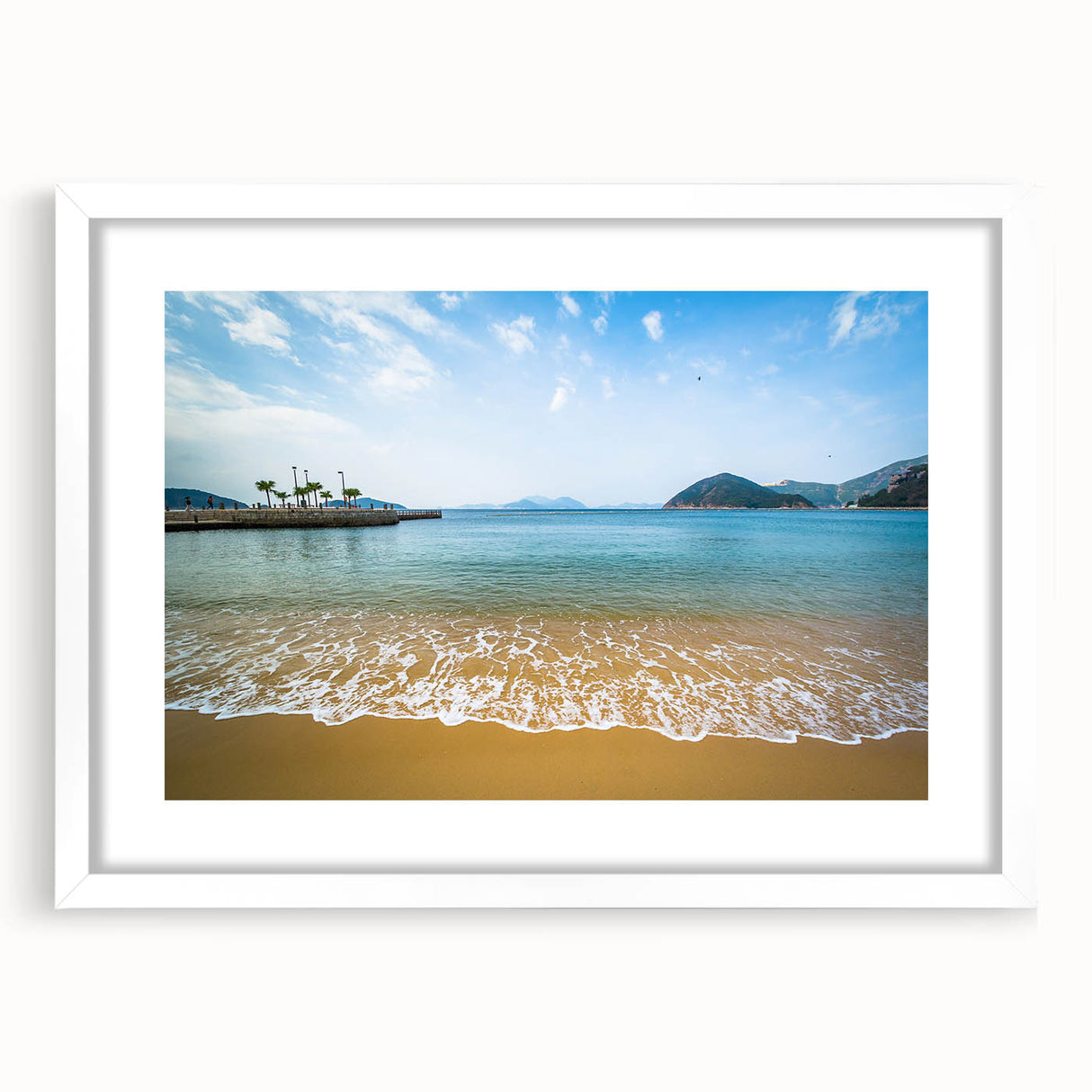 Abstract art print of Hong Kong skyline in muted gray and blue tones on a framed white mat, ideal for dining room decor.