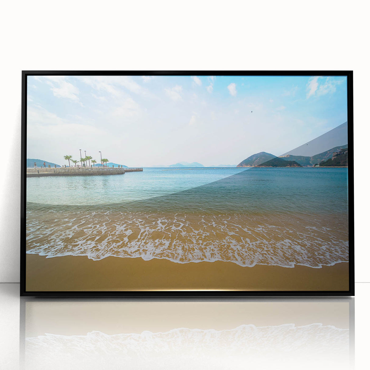Large abstract wall art of Hong Kong skyline in black and gray, acrylic print in a black frame.