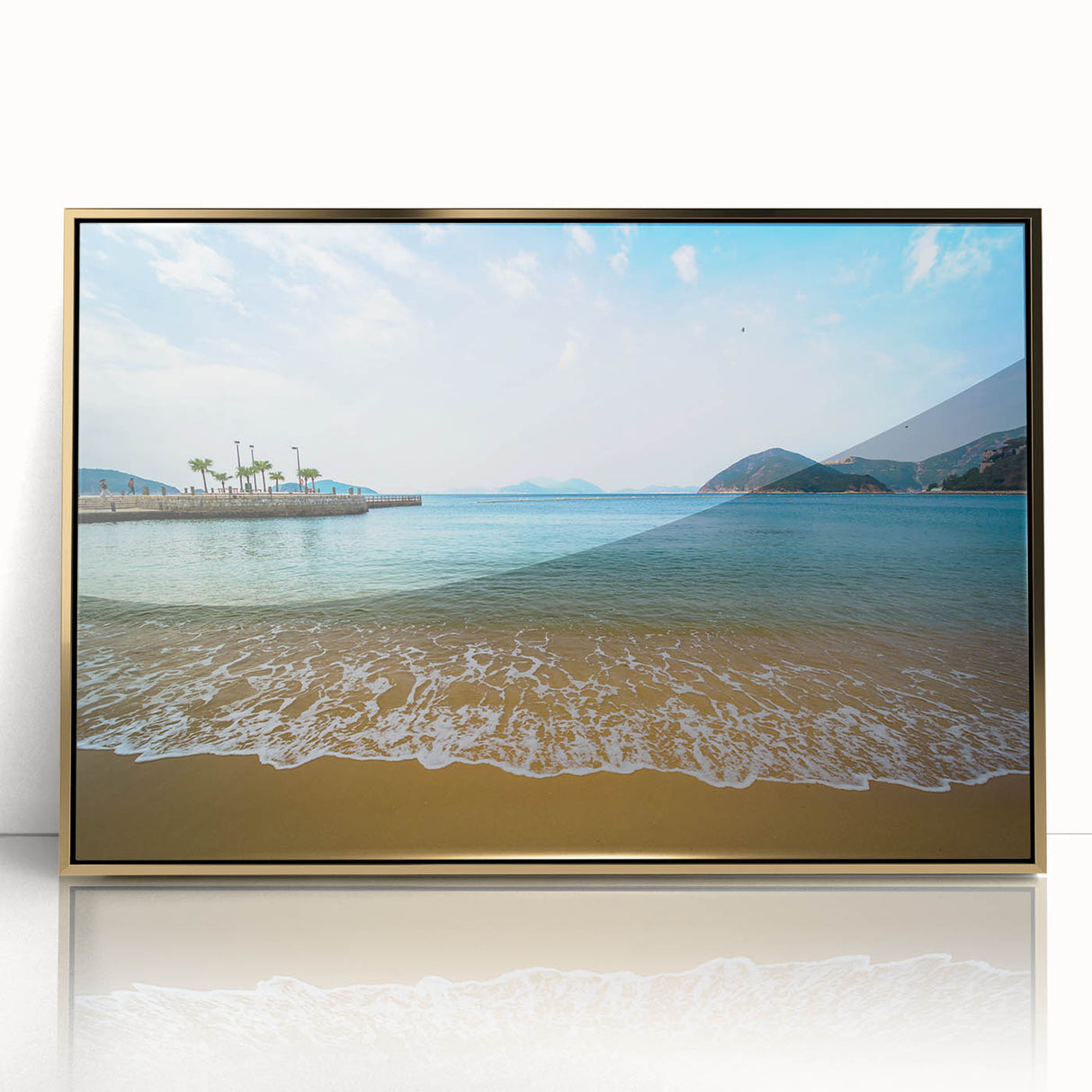 Framed acrylic print of Hong Kong skyline in gold and black tones, ideal for modern art wall decor.