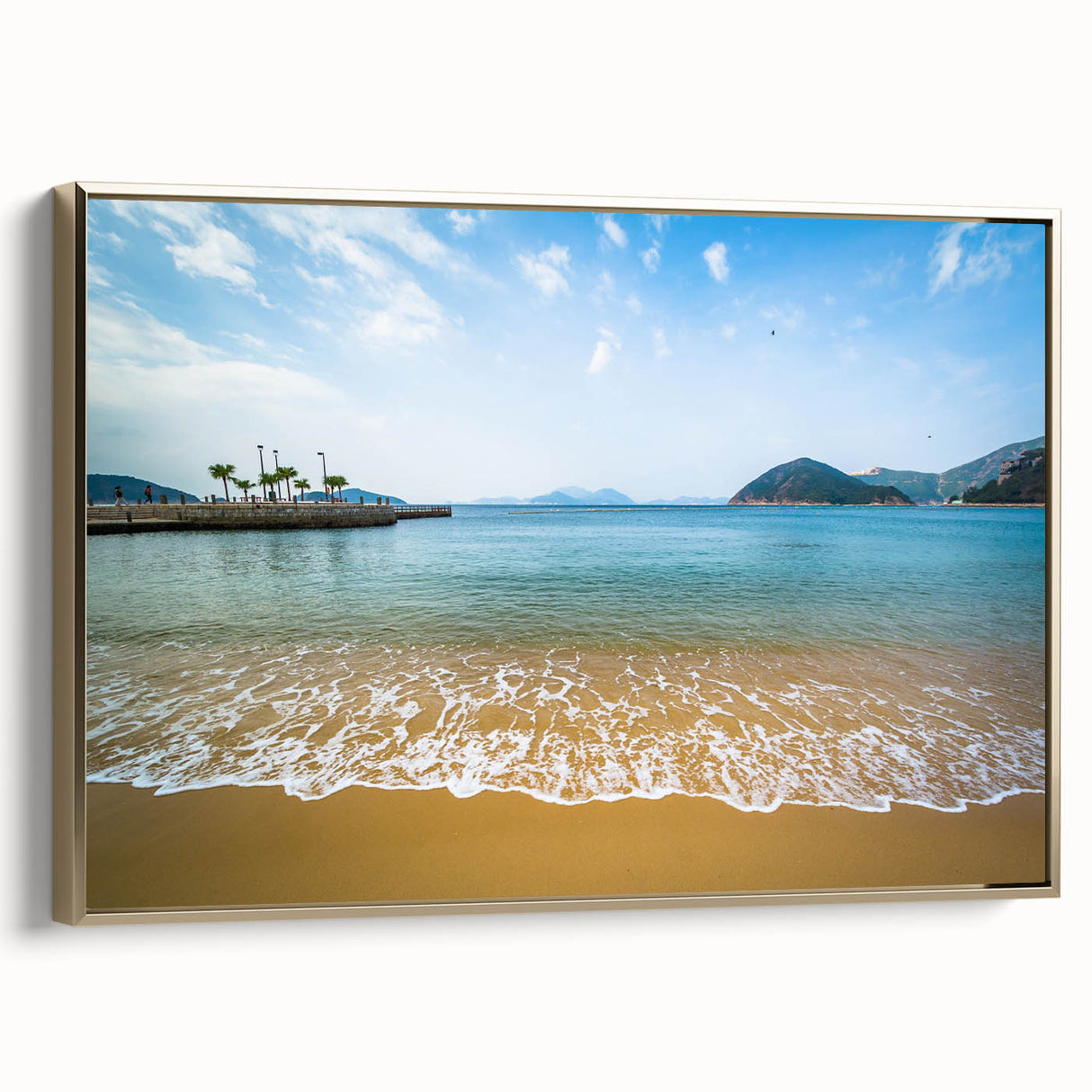 Framed canvas depicting a vintage-style Hong Kong landscape in black and gold tones, ideal for bedroom wall art.