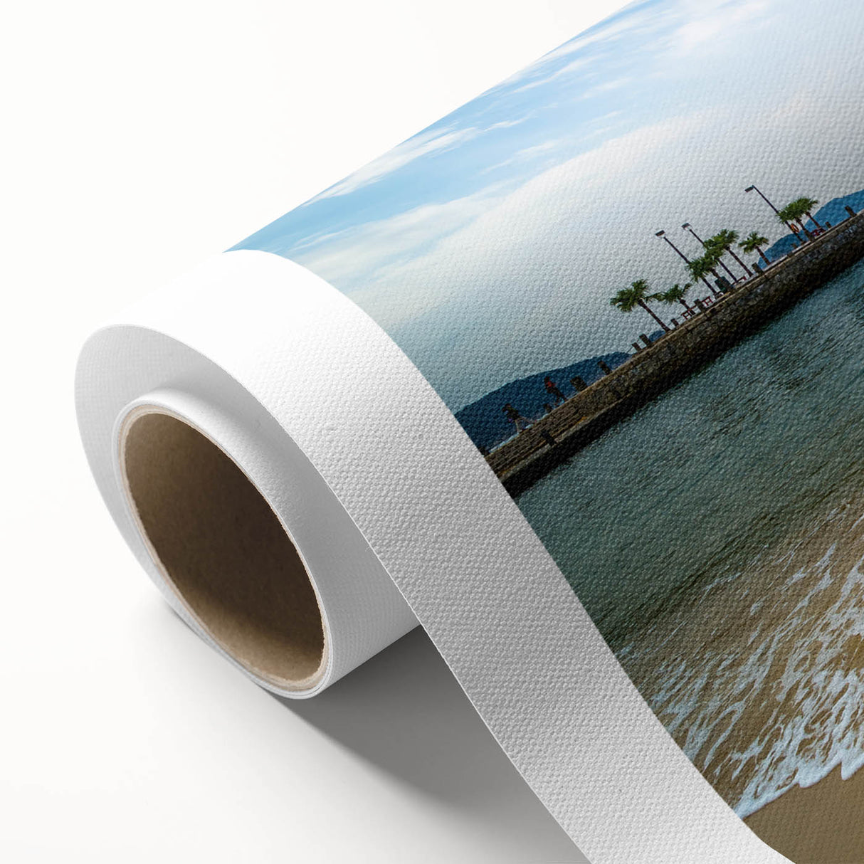 Art Deco style Hong Kong skyline on rolled canvas, featuring muted pastel hues.