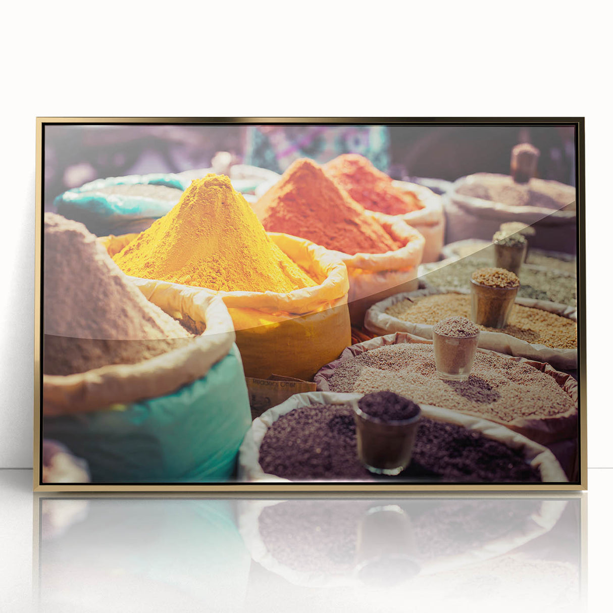 Acrylic print of an Indian landscape in gold and green tones, framed, ideal for modern art wall decor.