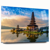 Large abstract wall art depicting a serene Indonesian landscape in muted green and blue tones, acrylic print.