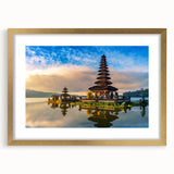Extra large abstract art print of Indonesian scenery in textured gold frame, suitable for living room decor.