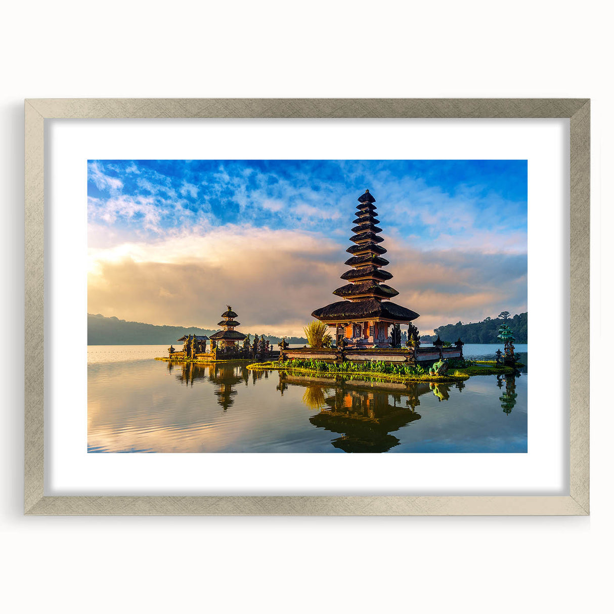 Textured abstract art print depicting Indonesian scenery in muted earth tones on a framed canvas, suitable for bedroom art.