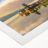 Art Deco poster featuring a stylized Indonesian landscape in muted earth tones on rolled canvas.